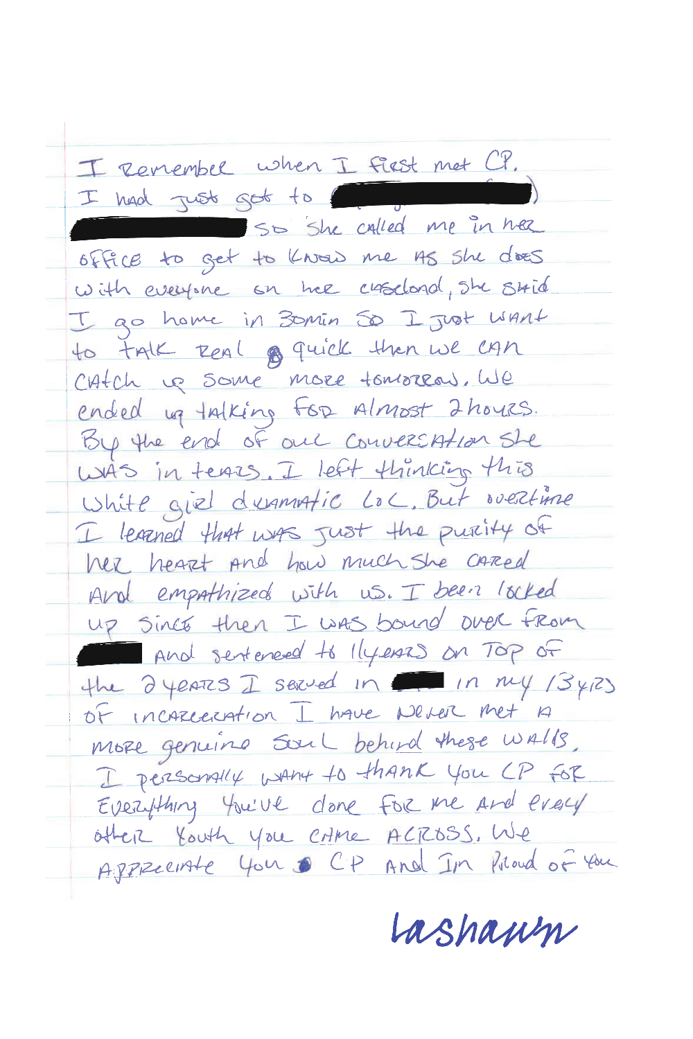 Handwritten letter from Lashawn to C.P. Handler